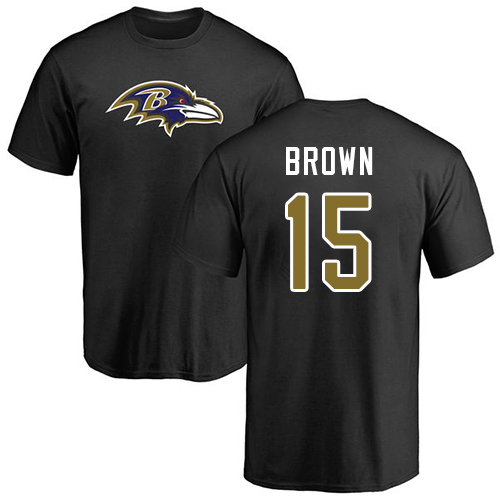 Men Baltimore Ravens Black Marquise Brown Name and Number Logo NFL Football #15 T Shirt->nfl t-shirts->Sports Accessory